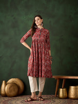 Red Floral Print Kantha Work Gathered Kurta - Elganza
