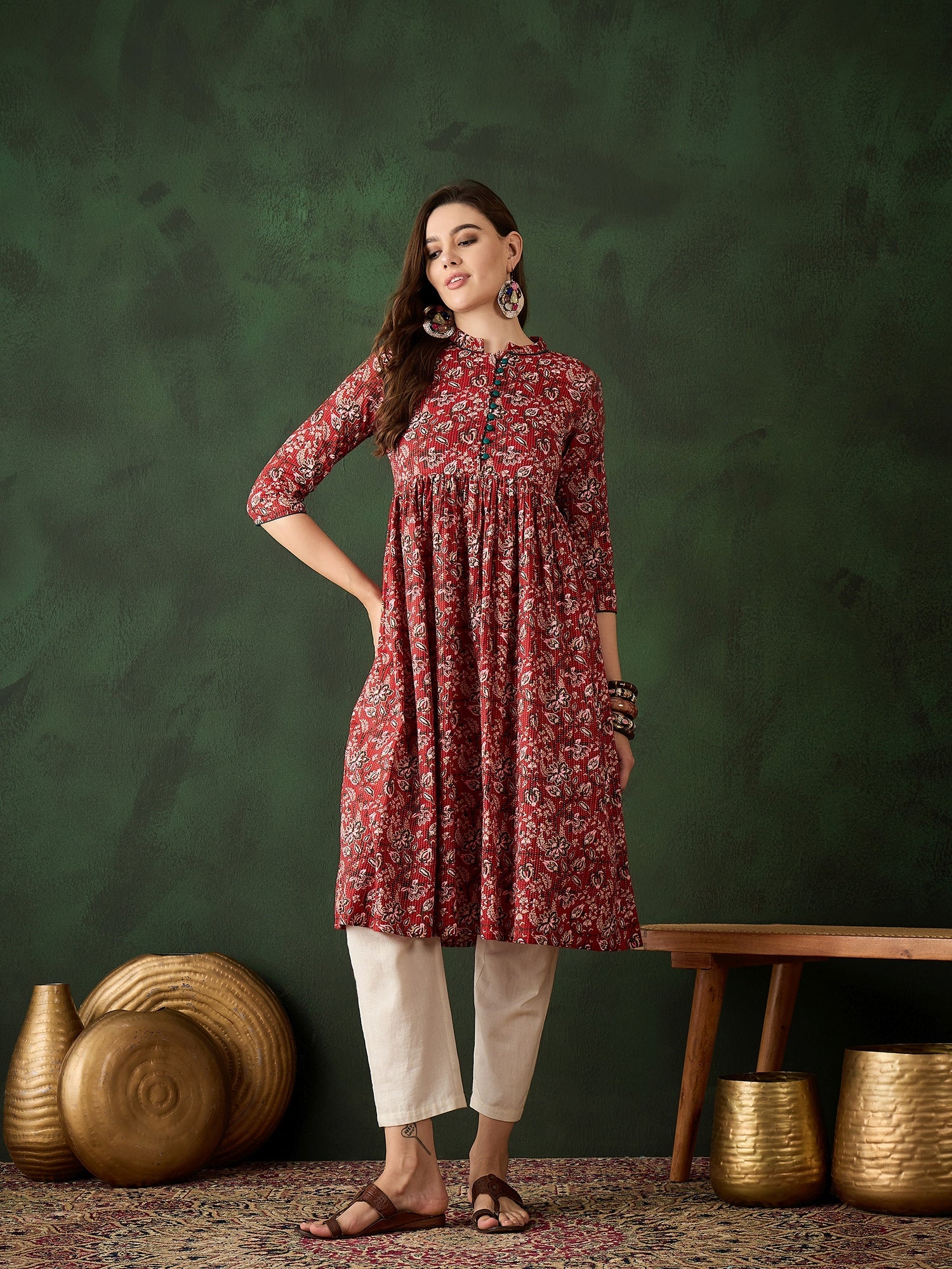 Red Floral Print Kantha Work Gathered Kurta - Elganza