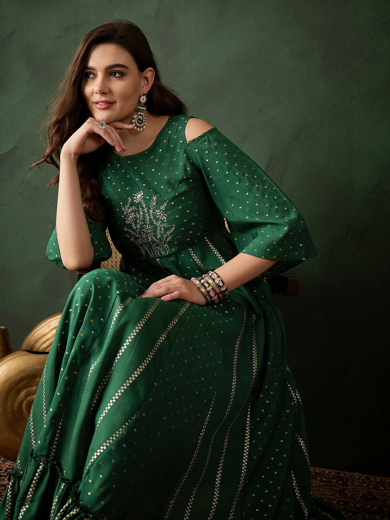 Dark Green Embroidered Flared Maxi Dress - Elganza