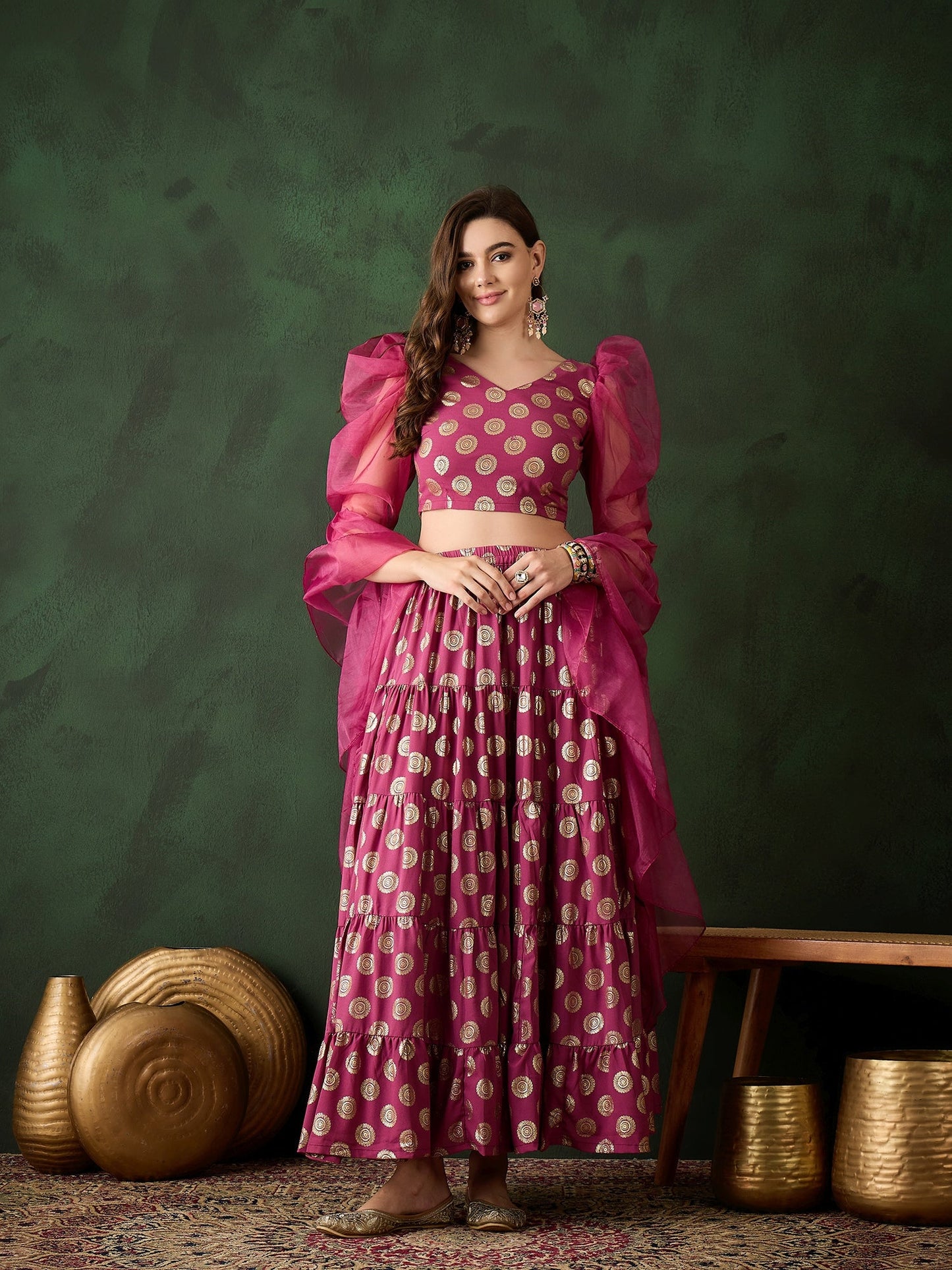 Magenta Foil Print Lehenga Choli With Dupatta - Elganza
