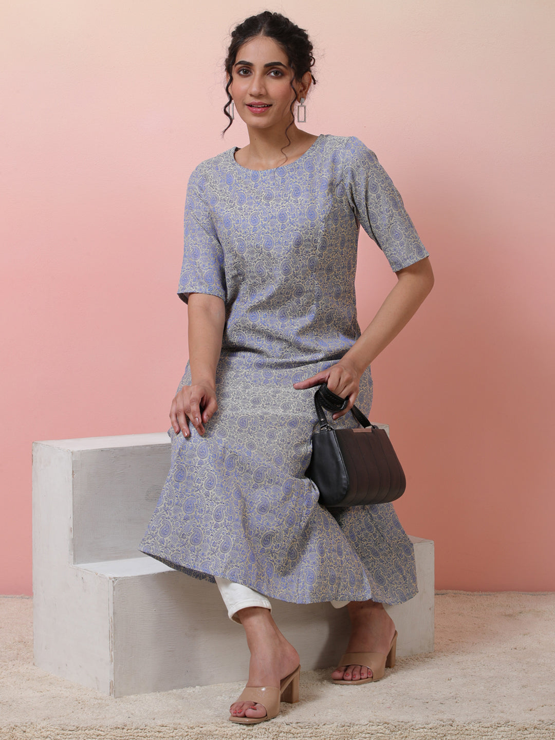 Beige Brocade A-Line Kurta - Elganza