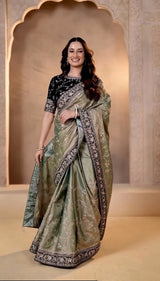 Most Popular Evergreen Soft Mocha Silk Saree with Silver Jari & Sequins Embroidery
