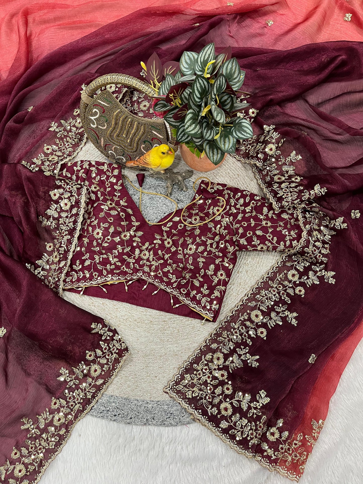 Evergreen Designer Fandy Chiffon Silk Saree with Sequins, Zari Embroidery & Cutwork Border