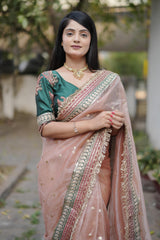 Designer Heavy Banarasi Crush Saree with Sequins &amp; Embroidered Lace Border