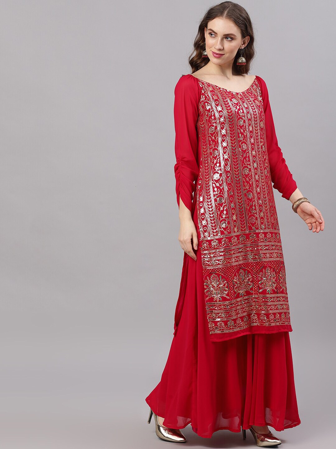Maroon Sequined Kurta With Flared Skirt - Elganza