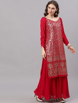 Maroon Sequined Kurta With Flared Skirt - Elganza
