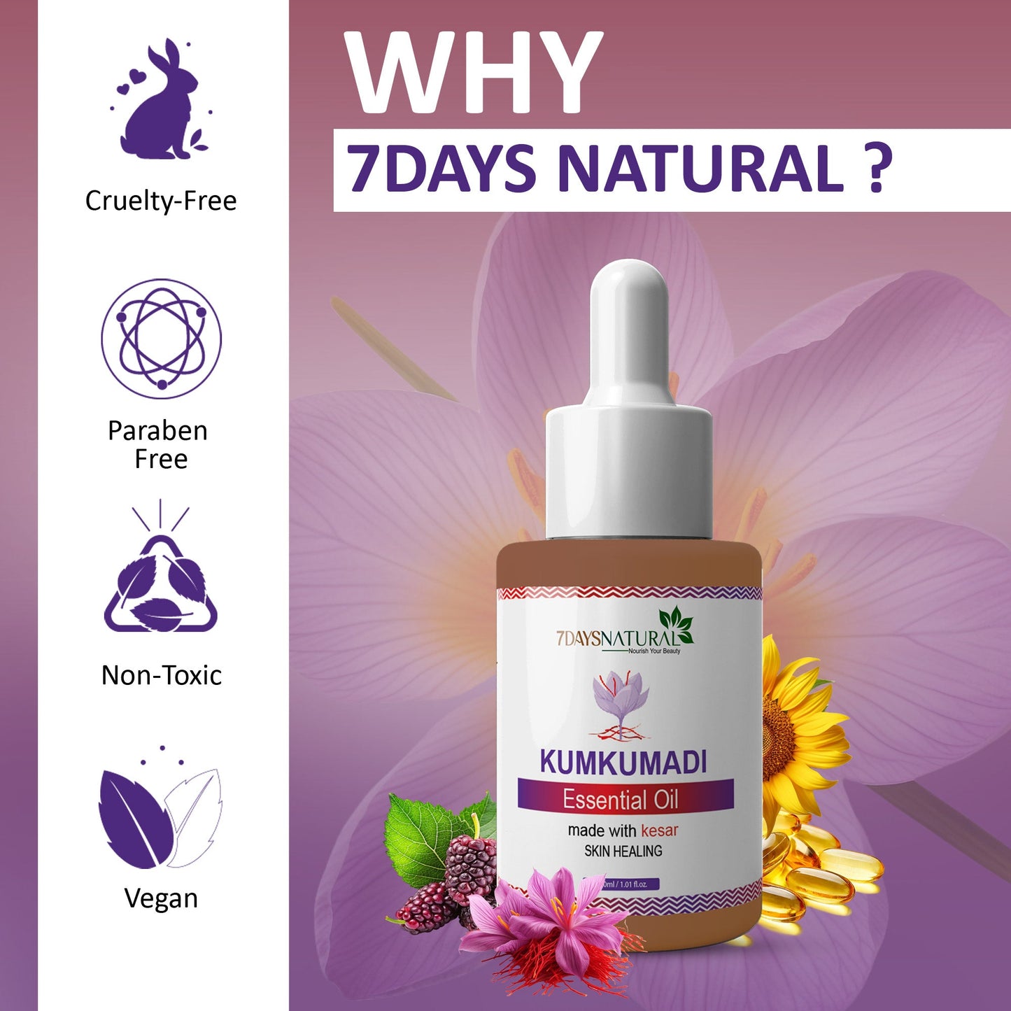 Kumkumadi Essential Oil 30 ml for glowing skin natural way & Diminishes scars, dark circles and dark spots| 7Days Natural image 2