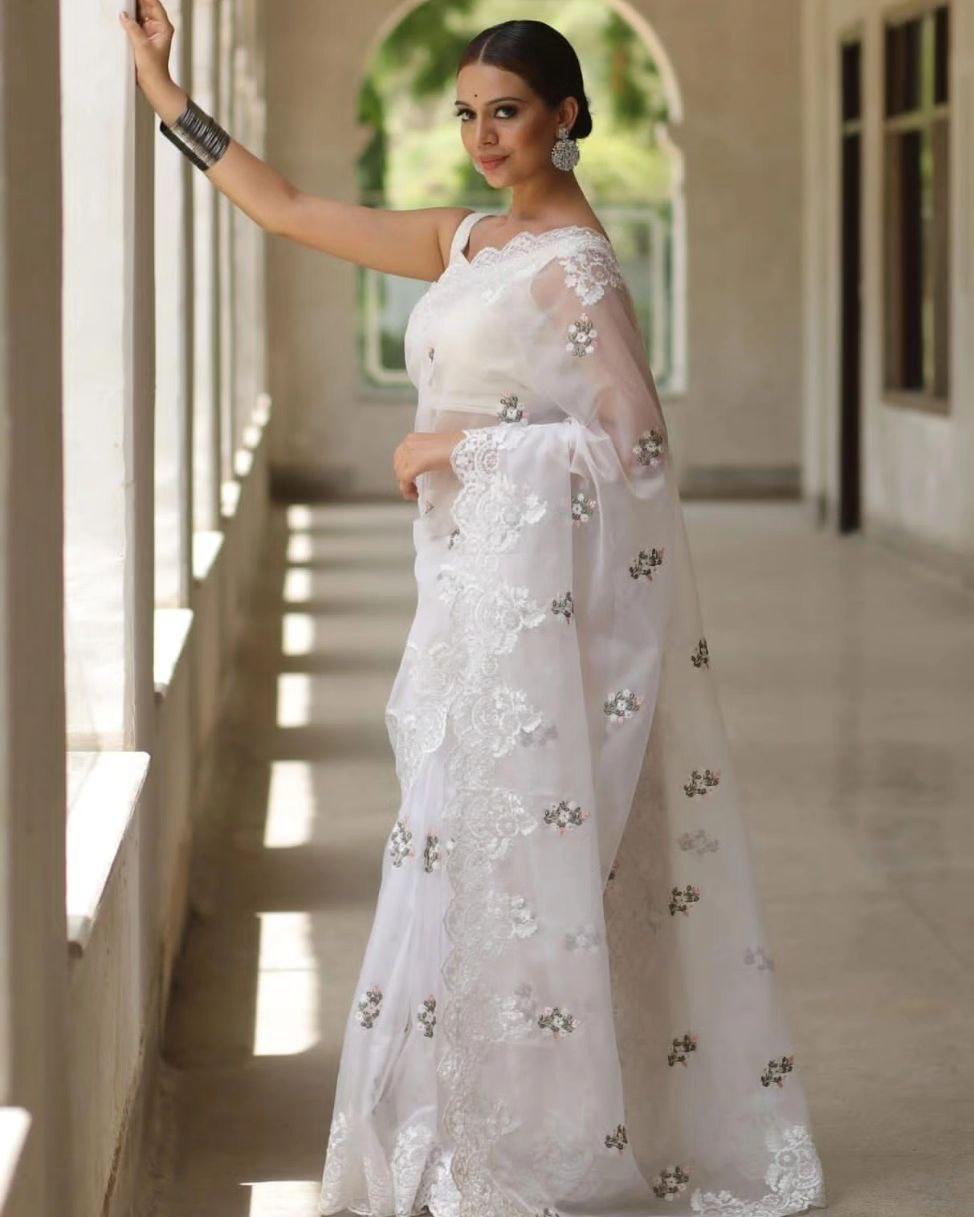 Designer Floral Embroidered Organza Silk Saree with Cutwork Border