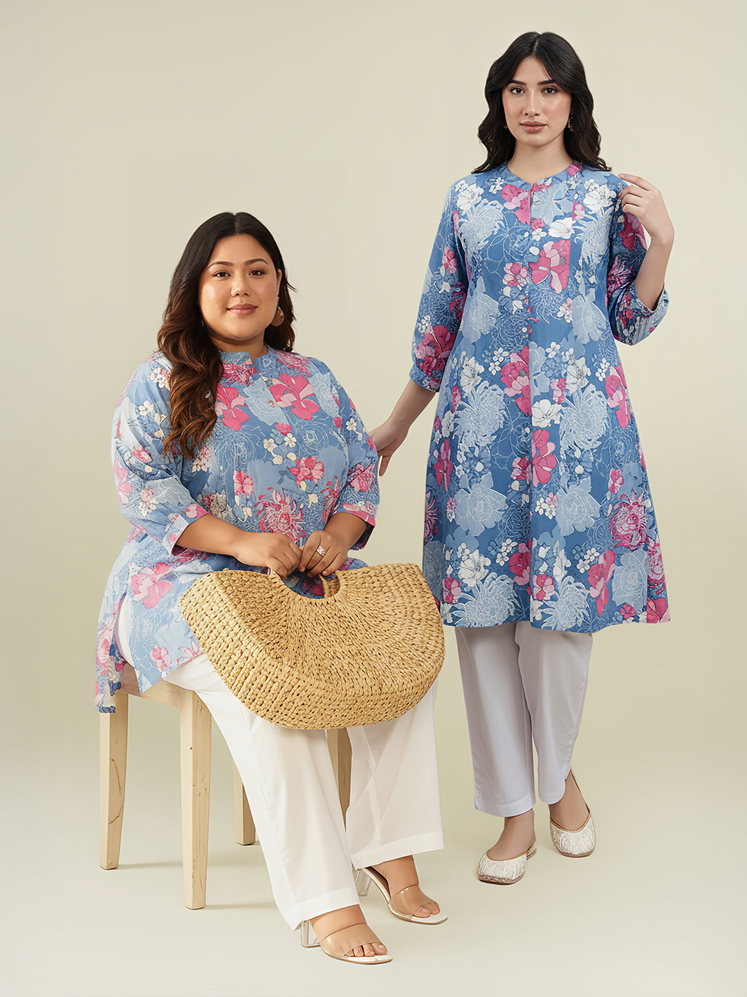 Blue Cotton Floral A-Line Tunic