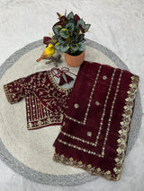 Designer Fandy Satin Silk Saree with 3mm Sequin Embroidery and Cutwork Border