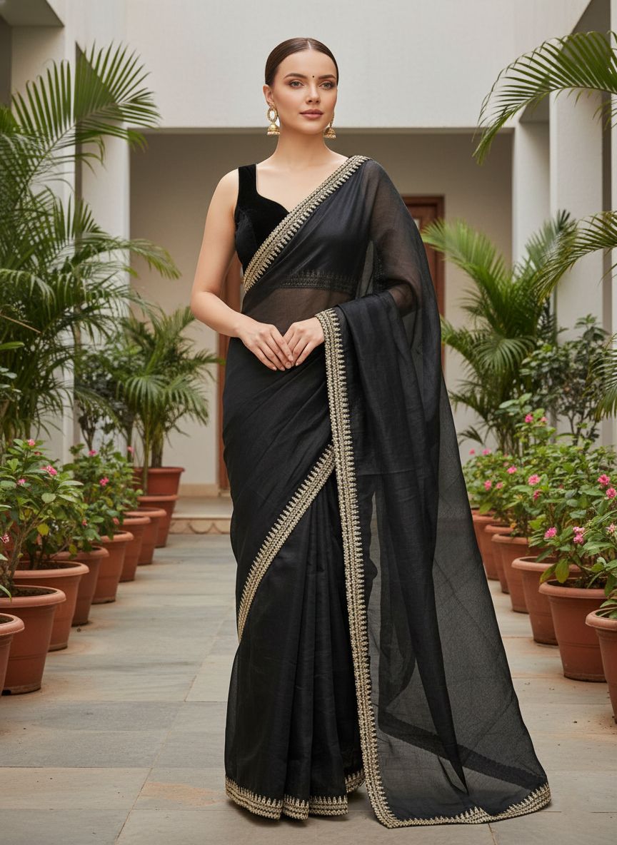 Designer Bollywood Style Soft Twill Net Saree with Sequins & Zari Dori Embroidery and Velvet Lace Border with Unstitched Blouse