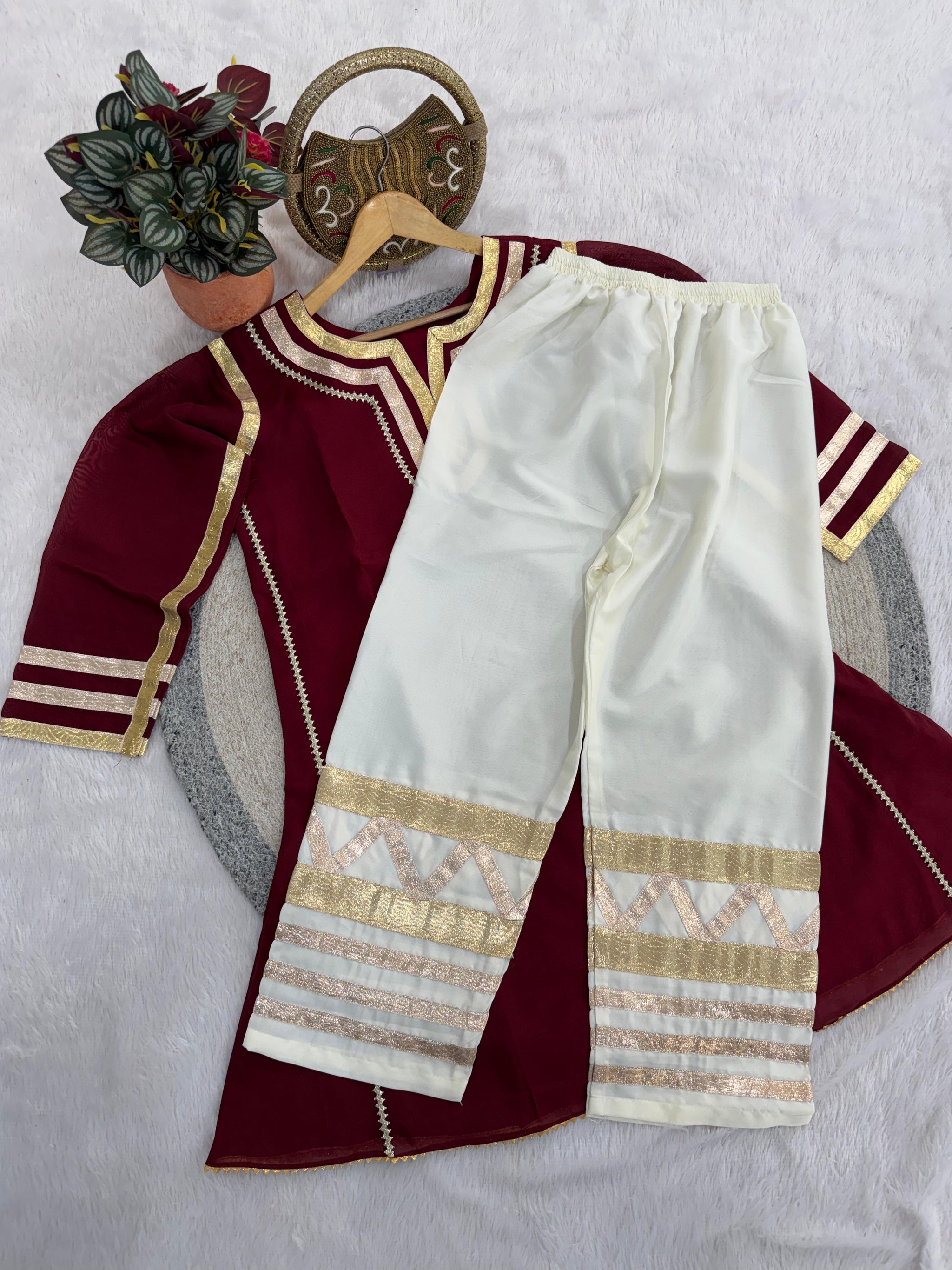 Women Designer 2 Piece Chanderi Suit Set with Lampi Lace Work
