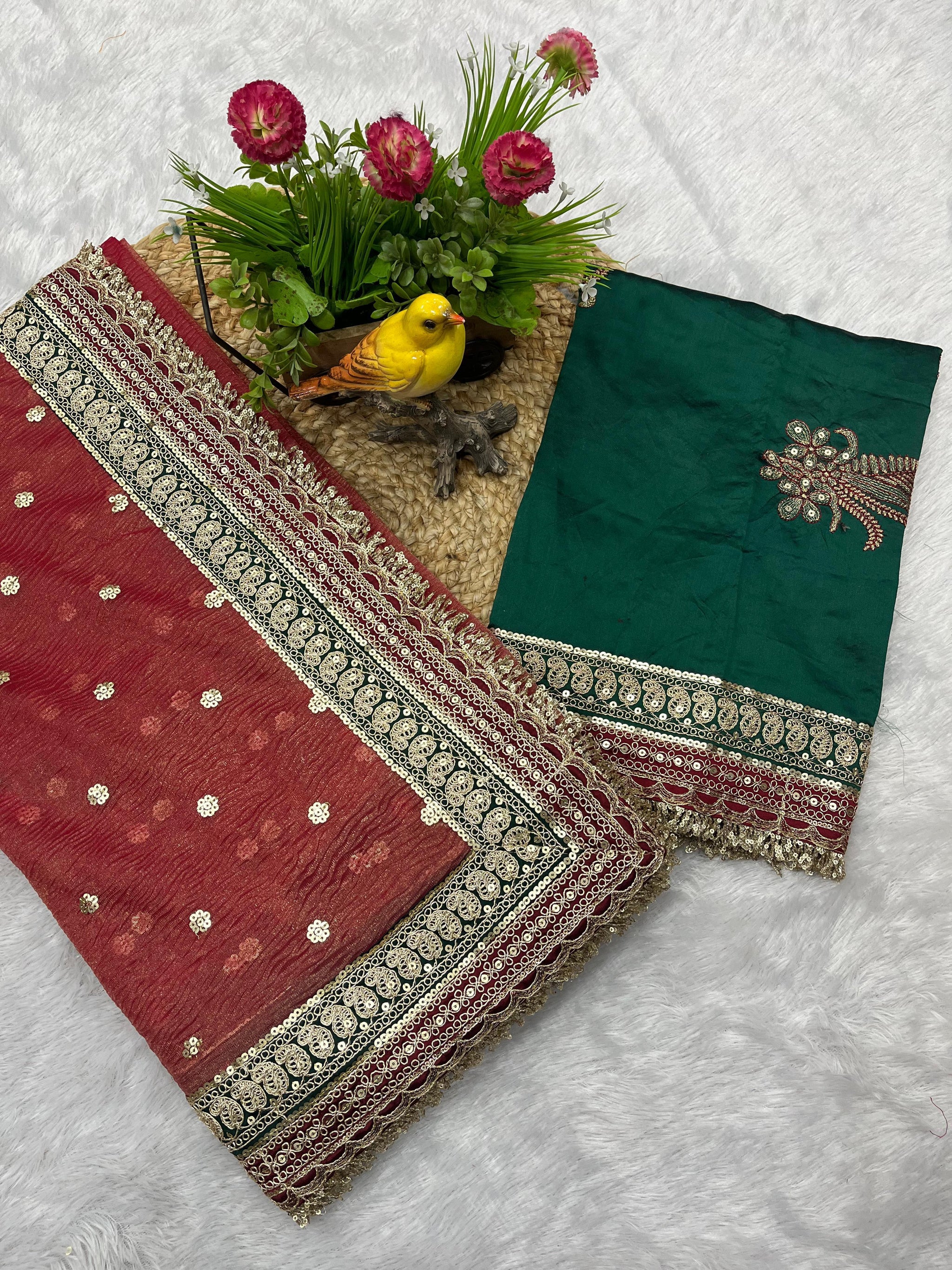 Designer Heavy Banarasi Crush Saree with Sequins &amp; Embroidered Lace Border