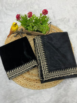 Designer Bollywood Style Soft Twill Net Saree with Sequins & Zari Dori Embroidery and Velvet Lace Border with Unstitched Blouse