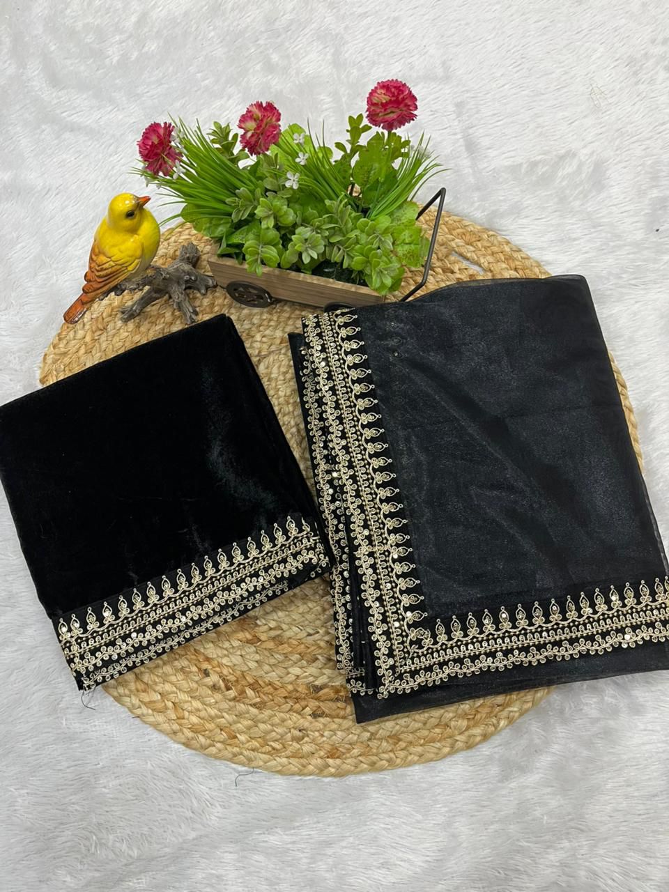 Designer Bollywood Style Soft Twill Net Saree with Sequins & Zari Dori Embroidery and Velvet Lace Border with Unstitched Blouse