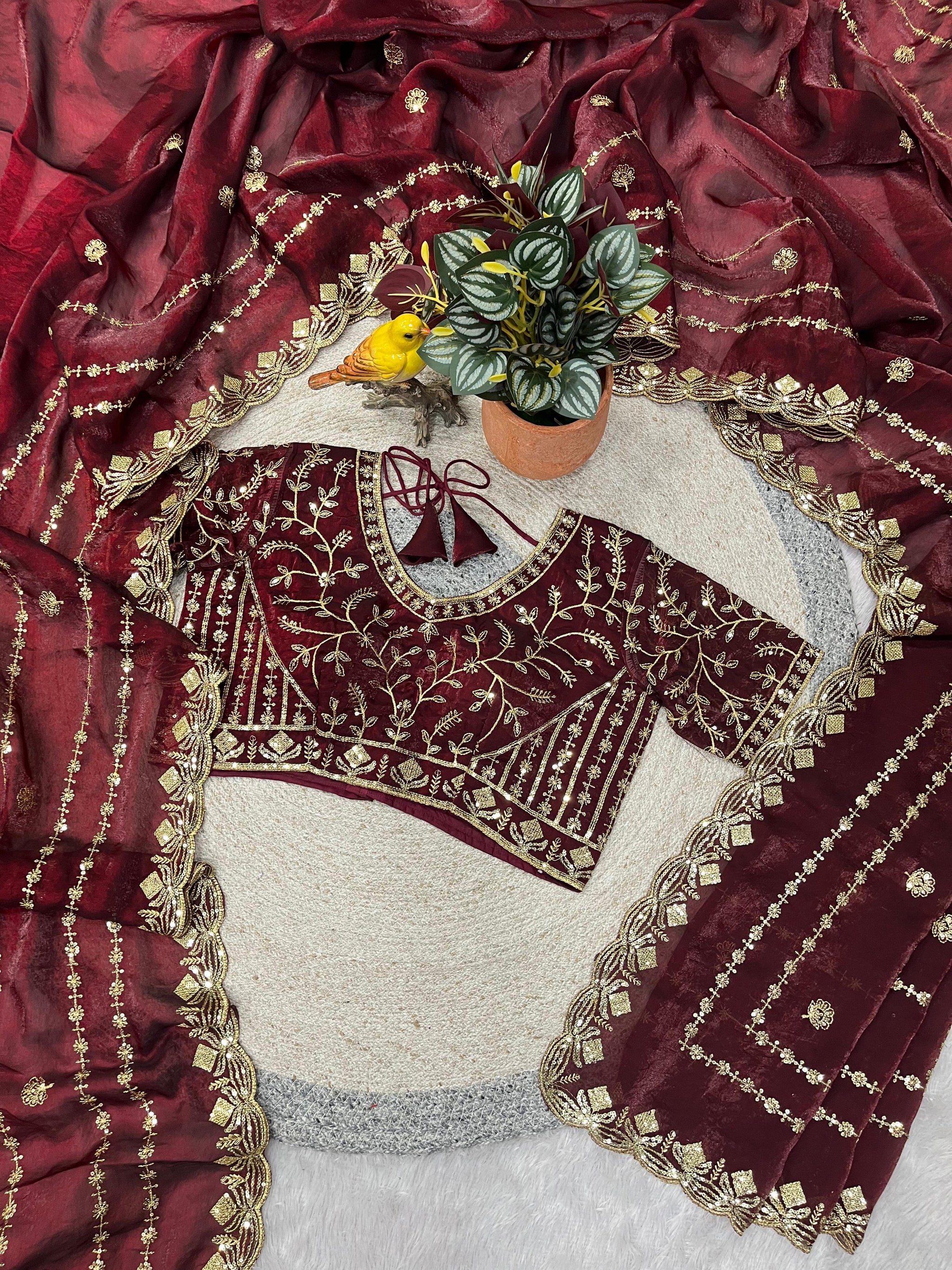 Designer Fandy Satin Silk Saree with 3mm Sequin Embroidery and Cutwork Border