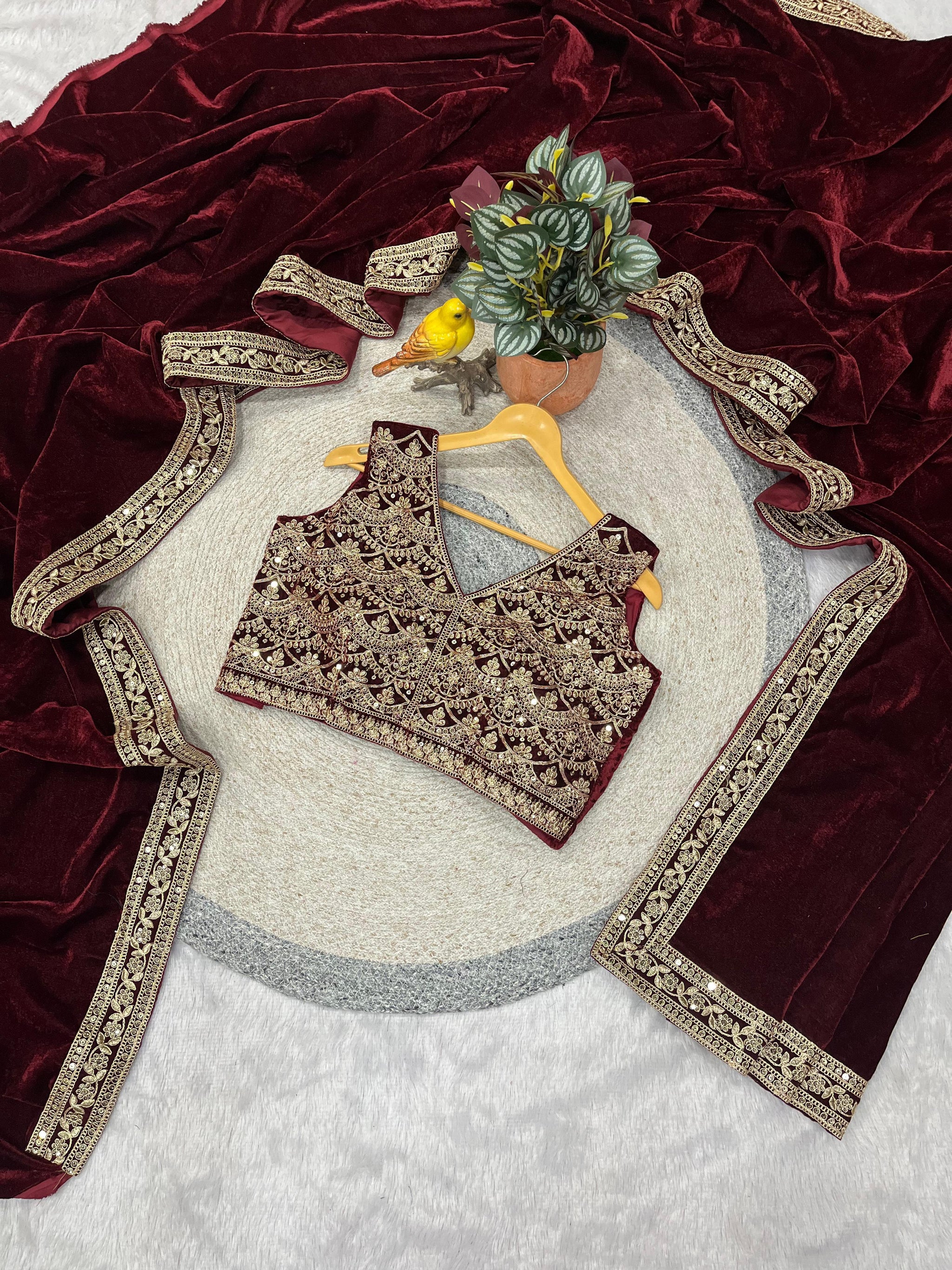 Designer Winter Special Viscose Velvet Embroidered Saree with Stitched Blouse