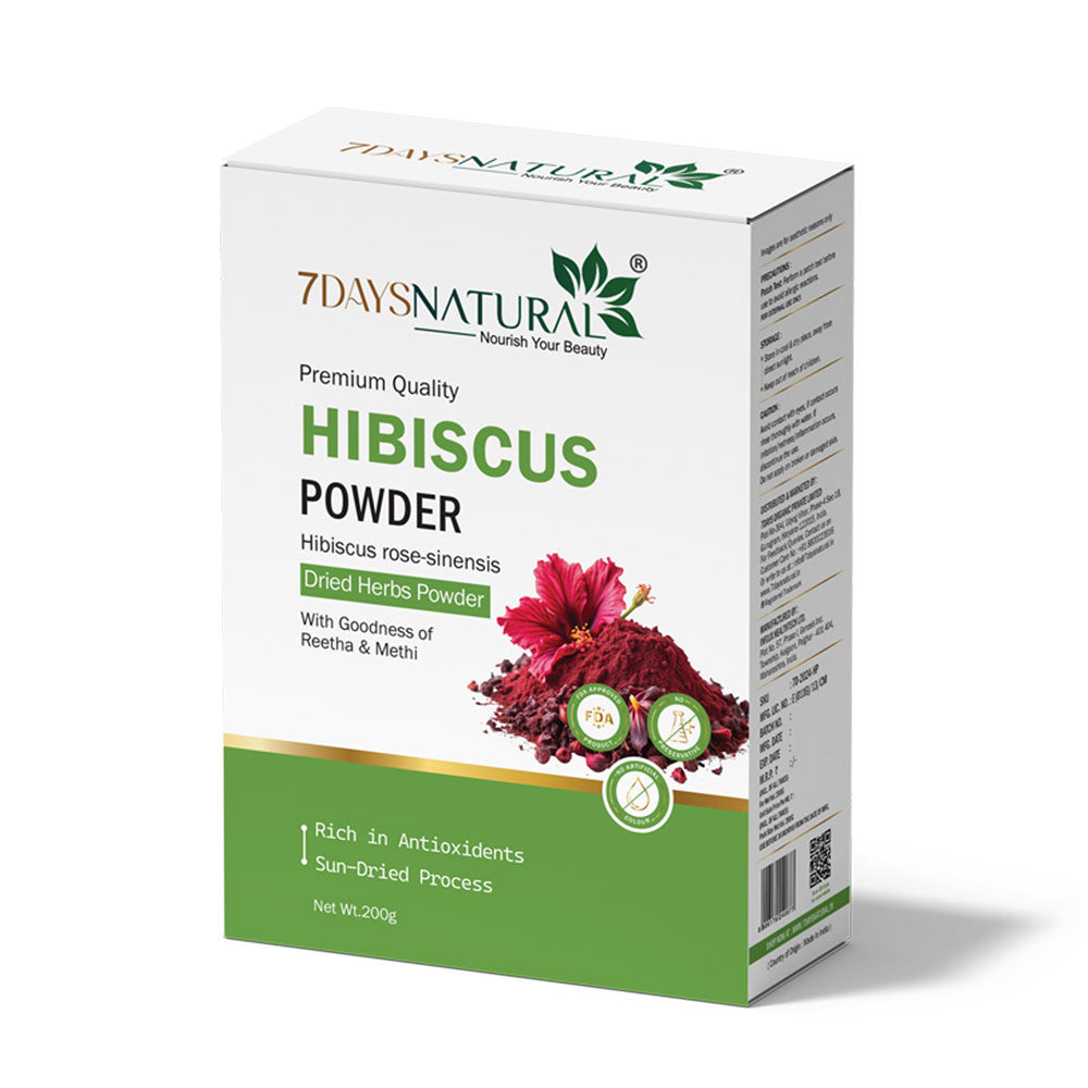 7Days Natural Hibiscus Flower Powder Ideal for Hair pack, Face pack, Eating, and Hibiscus tea | Gudhal Ka Phool Powder | 100% Pure and Natural, No Preservatives- 200gm image 1