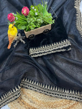 Designer Bollywood Style Soft Twill Net Saree with Sequins & Zari Dori Embroidery and Velvet Lace Border with Unstitched Blouse