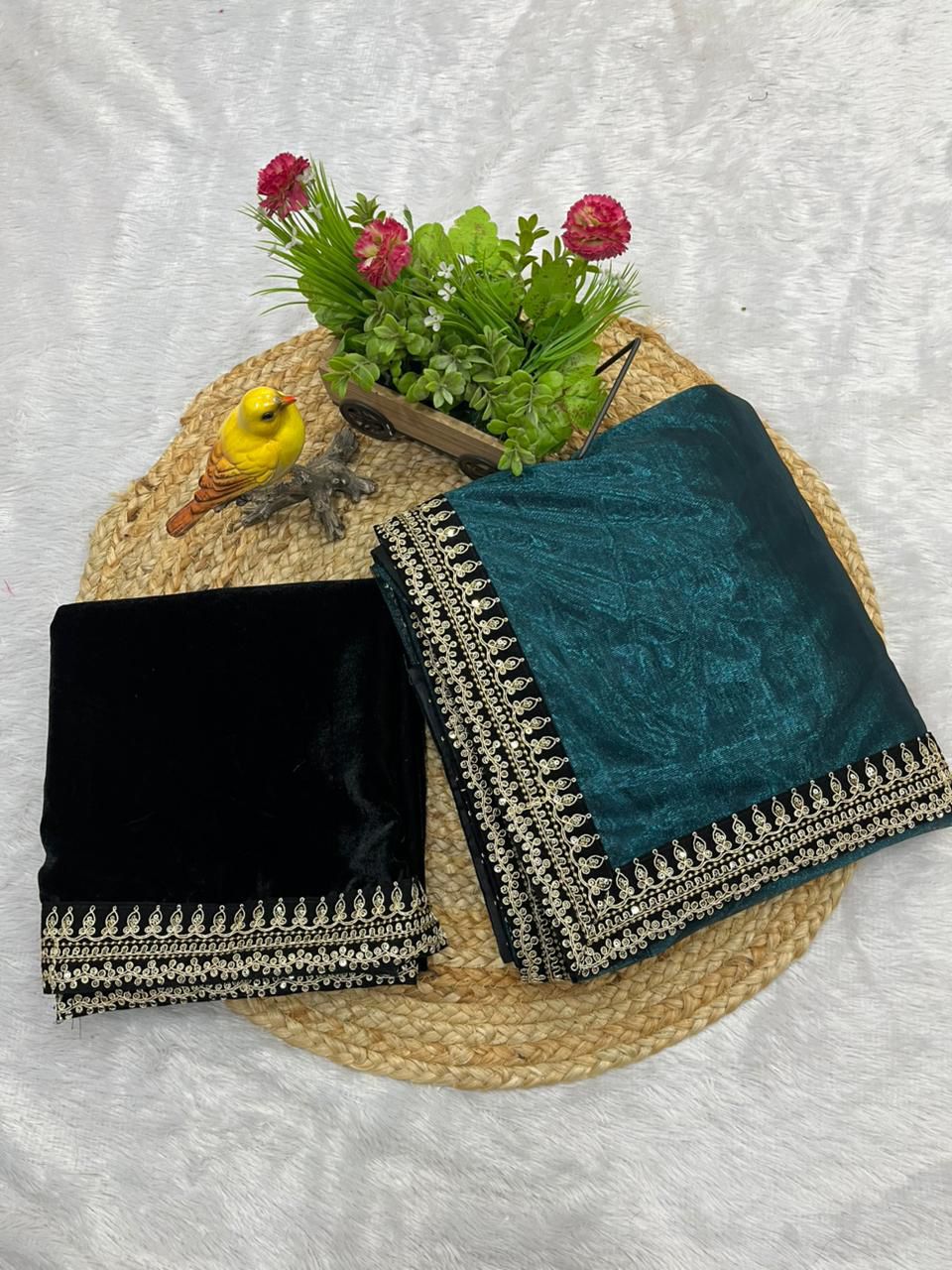 Designer Bollywood Style Soft Twill Net Saree with Sequins & Zari Dori Embroidery and Velvet Lace Border with Unstitched Blouse