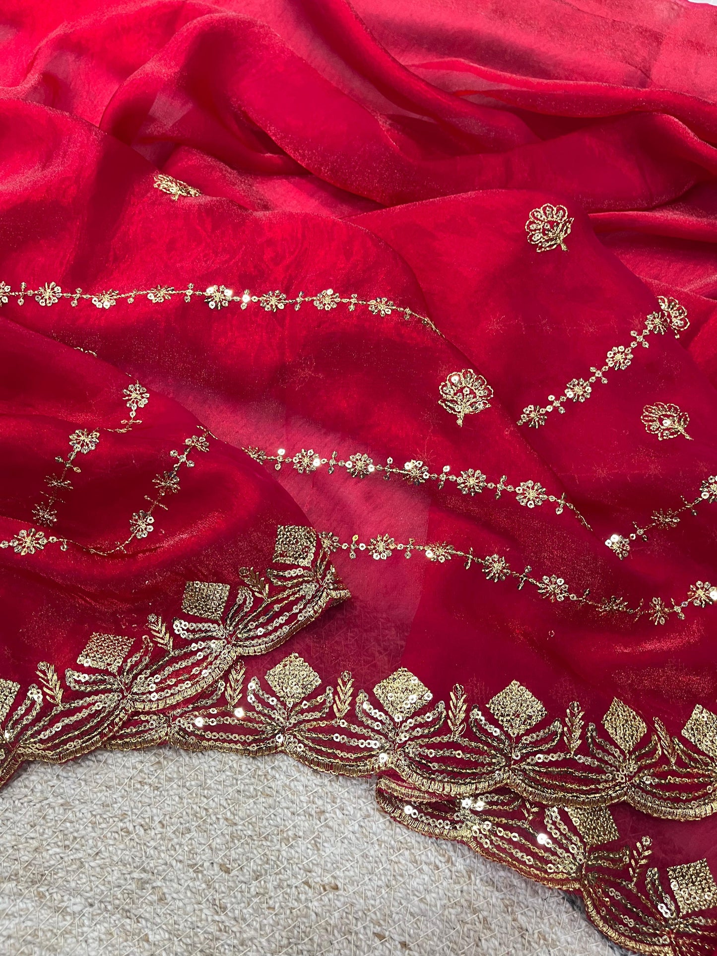 Designer Fandy Satin Silk Saree with 3mm Sequin Embroidery and Cutwork Border