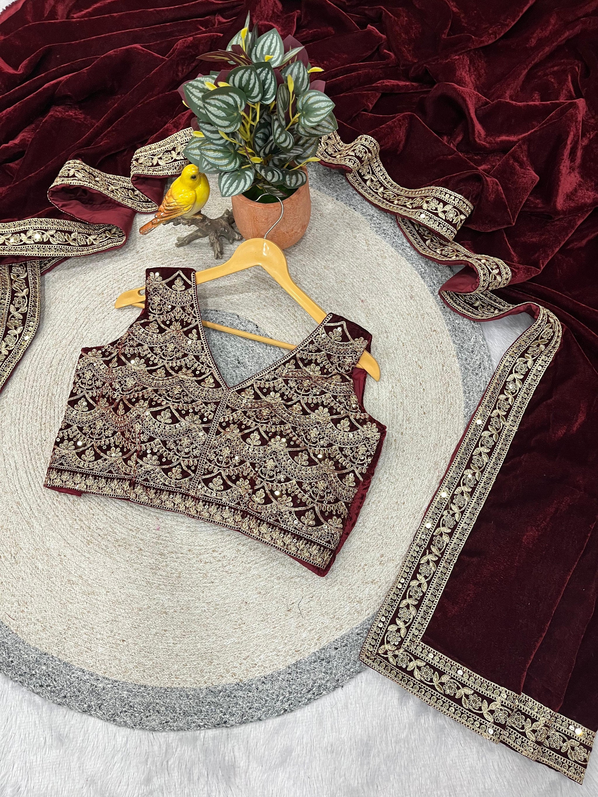 Designer Winter Special Viscose Velvet Embroidered Saree with Stitched Blouse