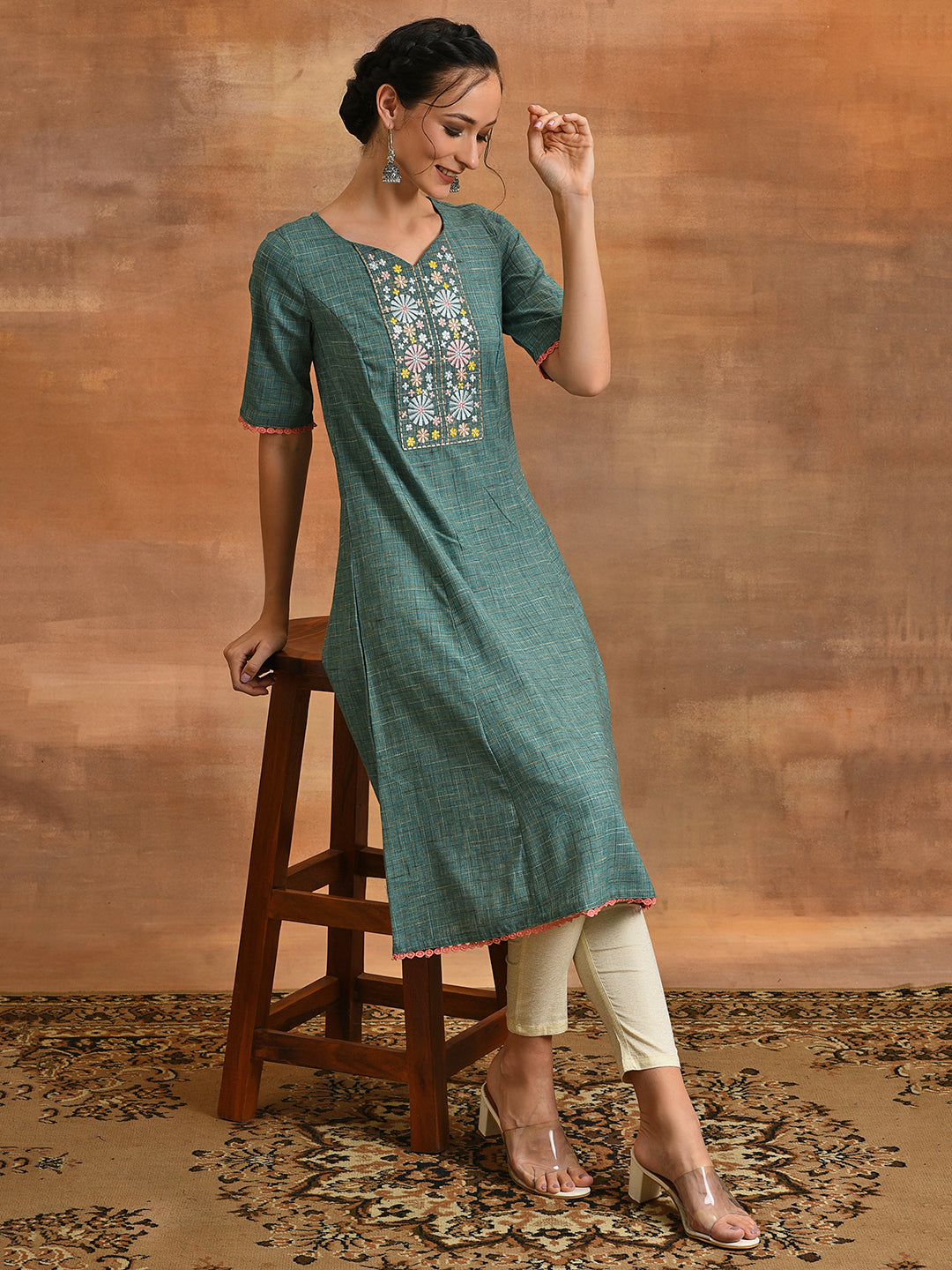 Green Embroidered A-line Kurta - Elganza