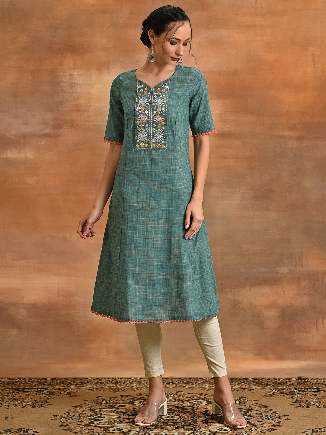 Green Embroidered A-line Kurta - Elganza