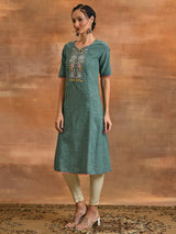 Green Embroidered A-line Kurta - Elganza