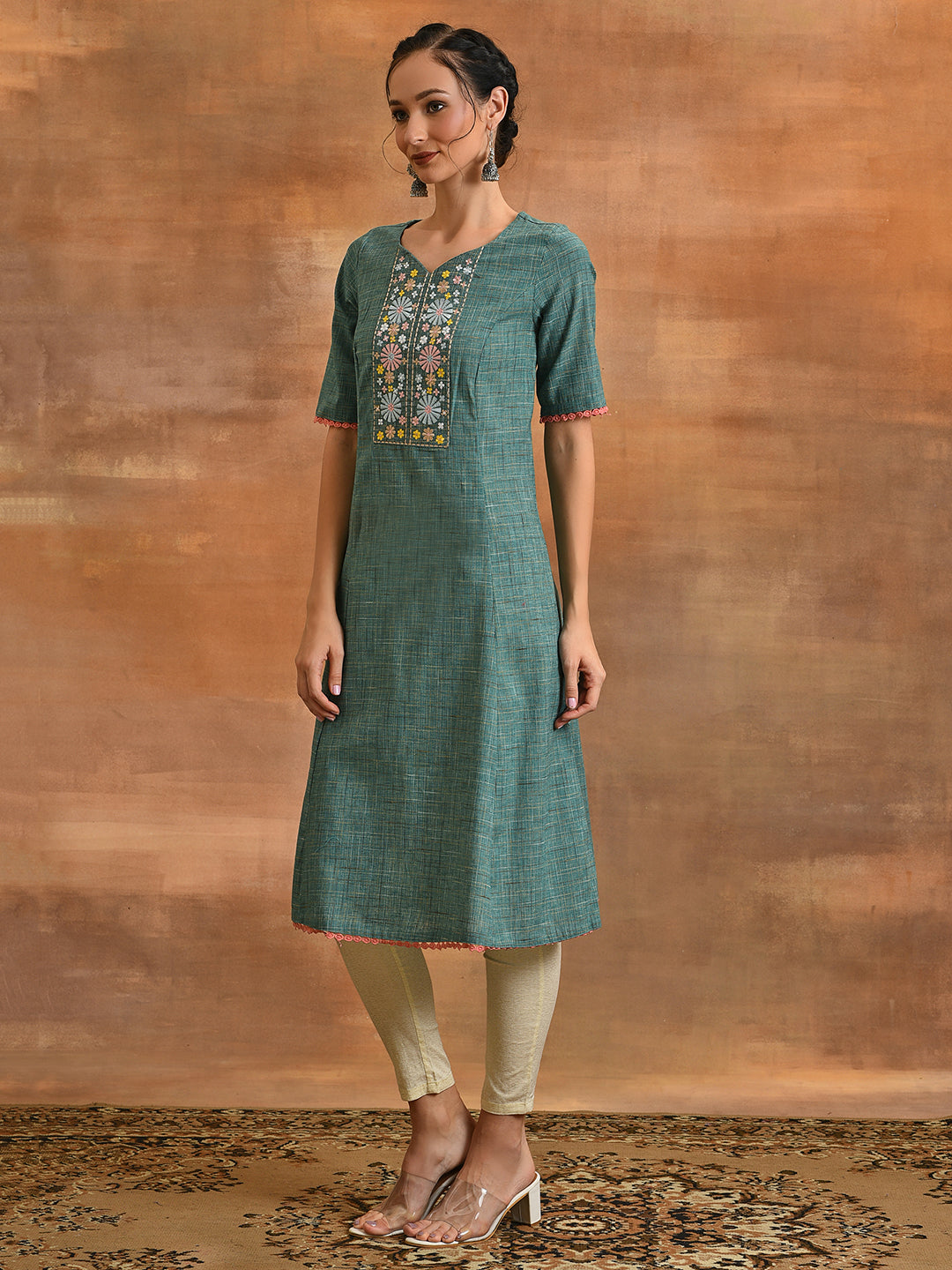 Green Embroidered A-line Kurta - Elganza