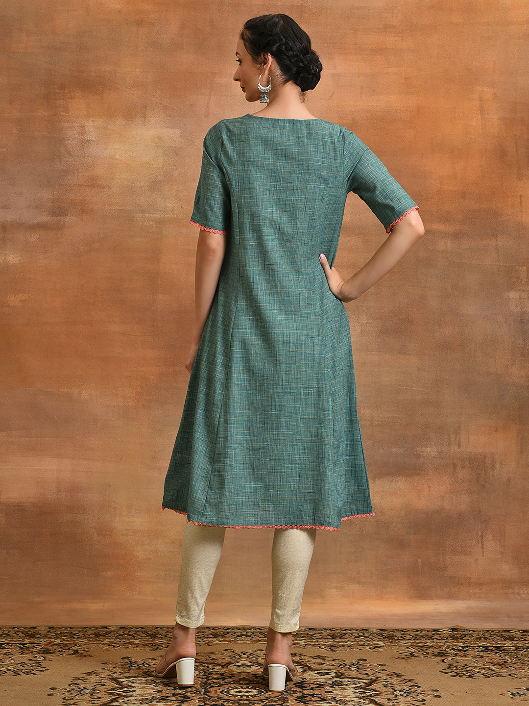 Green Embroidered A-line Kurta - Elganza