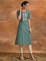 Green Embroidered A-line Kurta - Elganza