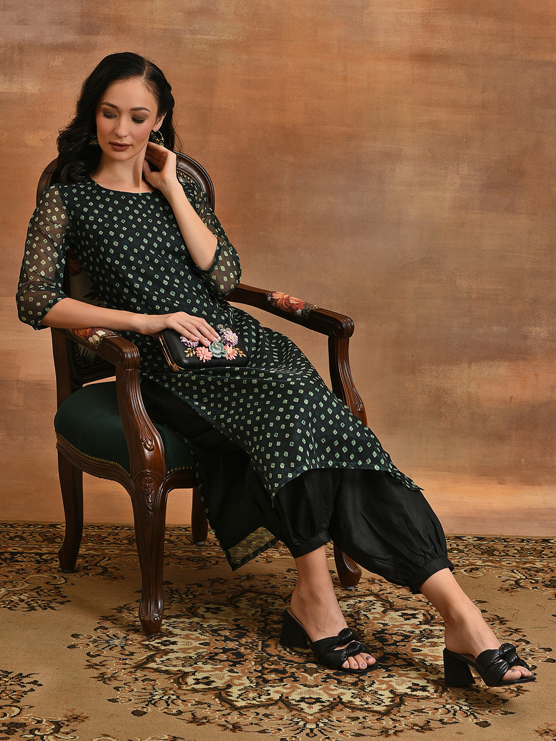 Dark Green Digital Print Kurta - Elganza