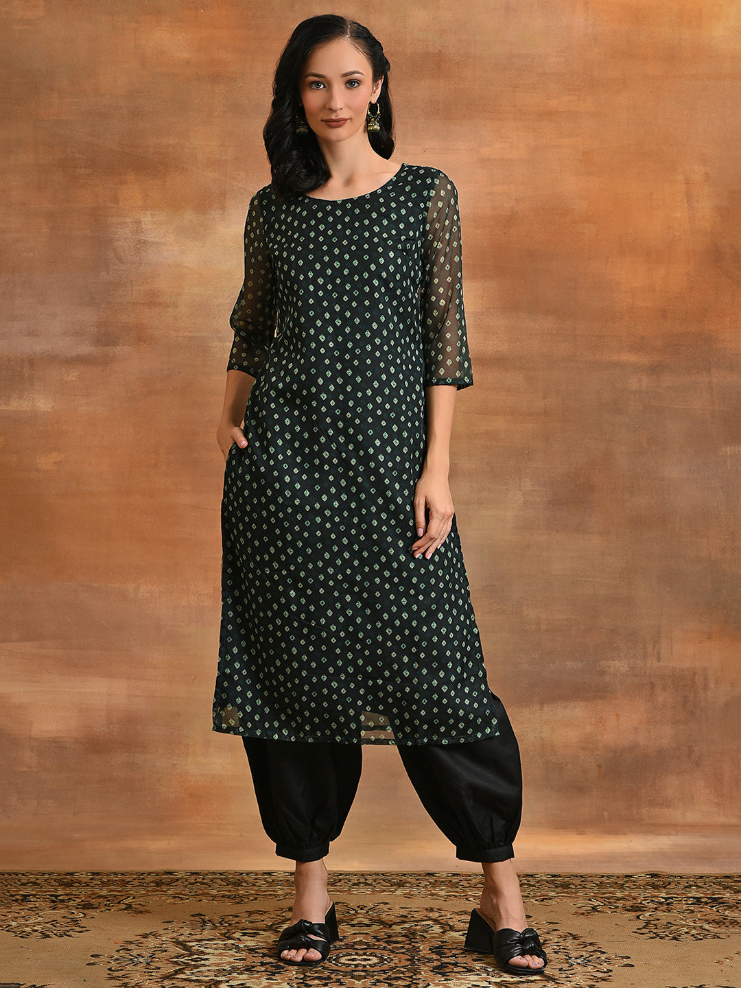 Dark Green Digital Print Kurta - Elganza