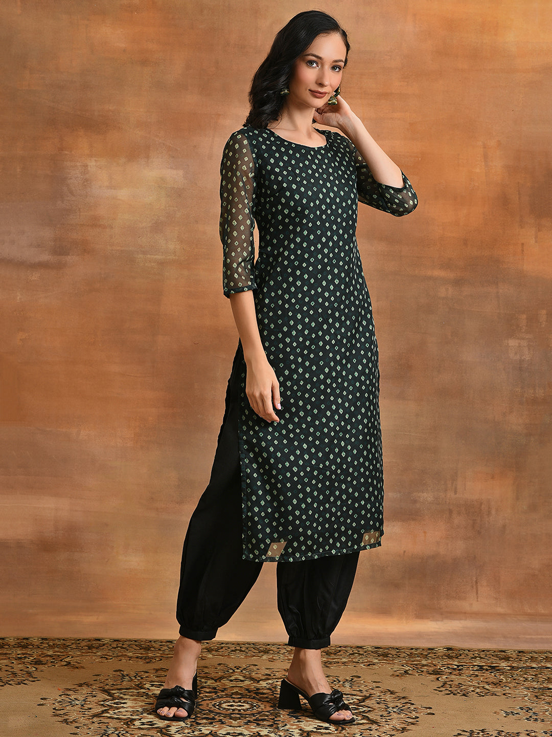 Dark Green Digital Print Kurta - Elganza