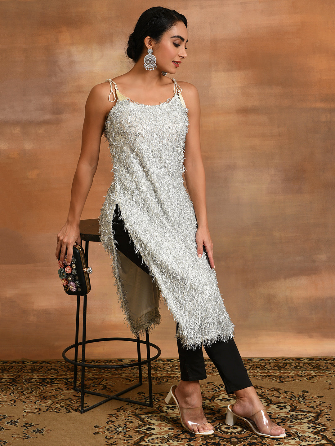 White Fur Designed Kurta - Elganza
