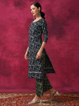 Navy Blue Kantha Work Kurta With Palazzo - Elganza