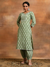 Pastel Green Floral Print Kurta With Balloon Palazzo - Elganza