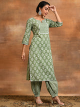 Pastel Green Floral Print Kurta With Balloon Palazzo - Elganza