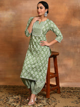 Pastel Green Floral Print Kurta With Balloon Palazzo - Elganza