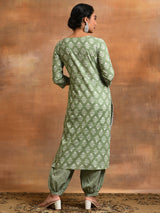 Pastel Green Floral Print Kurta With Balloon Palazzo - Elganza