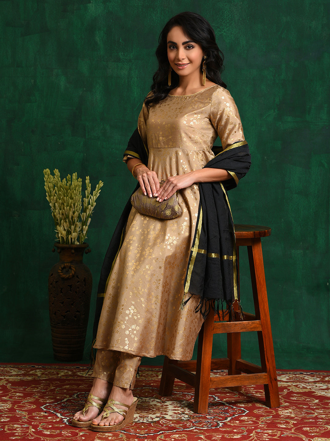 Gold Foil Printed Anarkali Pant With Dupatta - Elganza