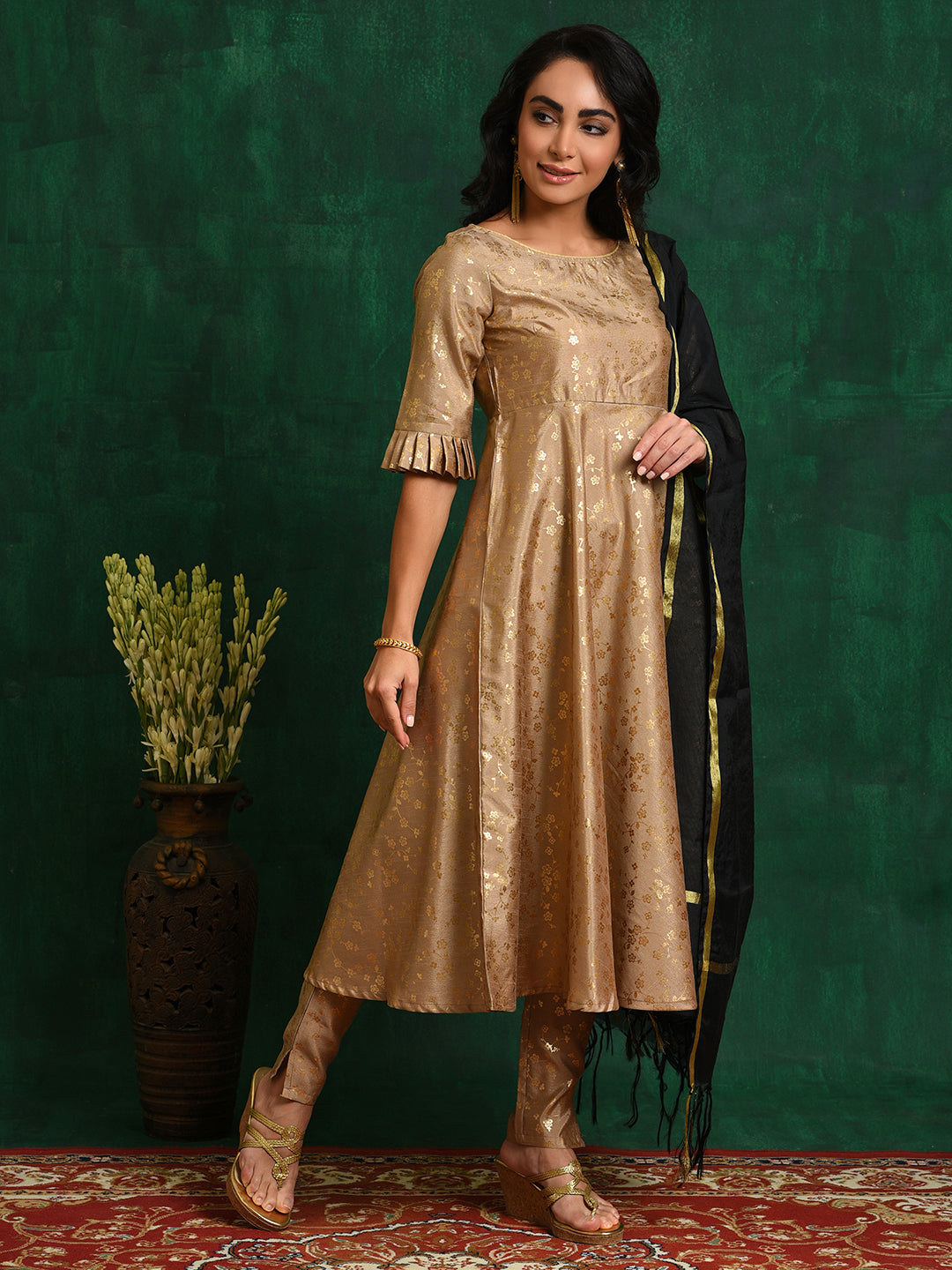 Gold Foil Printed Anarkali Pant With Dupatta - Elganza