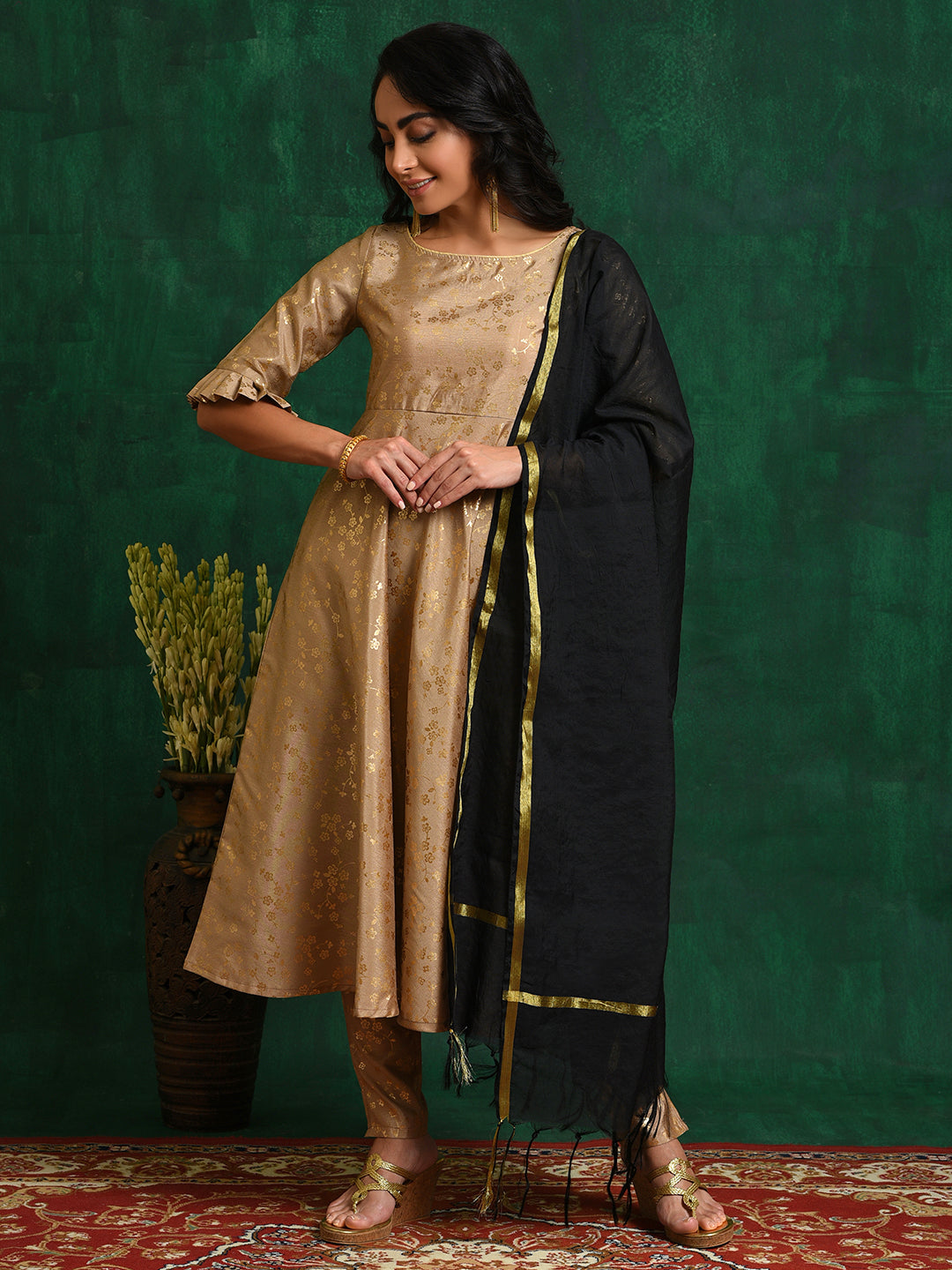Gold Foil Printed Anarkali Pant With Dupatta - Elganza