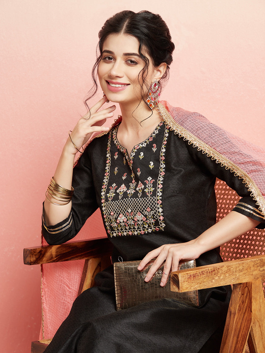 Black Embroidered Kurta Pant With Dupatta - Elganza