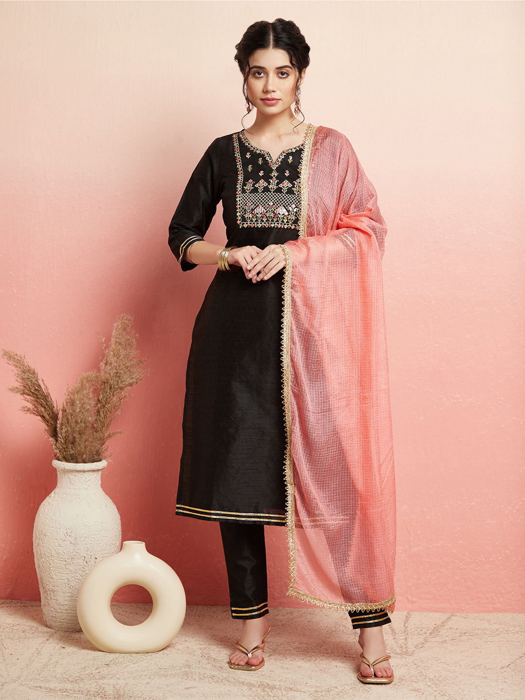 Black Embroidered Kurta Pant With Dupatta - Elganza