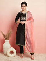 Black Embroidered Kurta Pant With Dupatta - Elganza