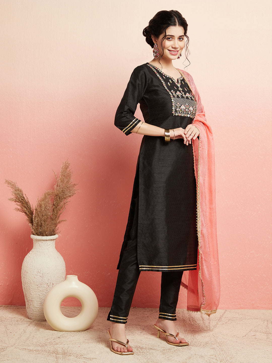 Black Embroidered Kurta Pant With Dupatta - Elganza