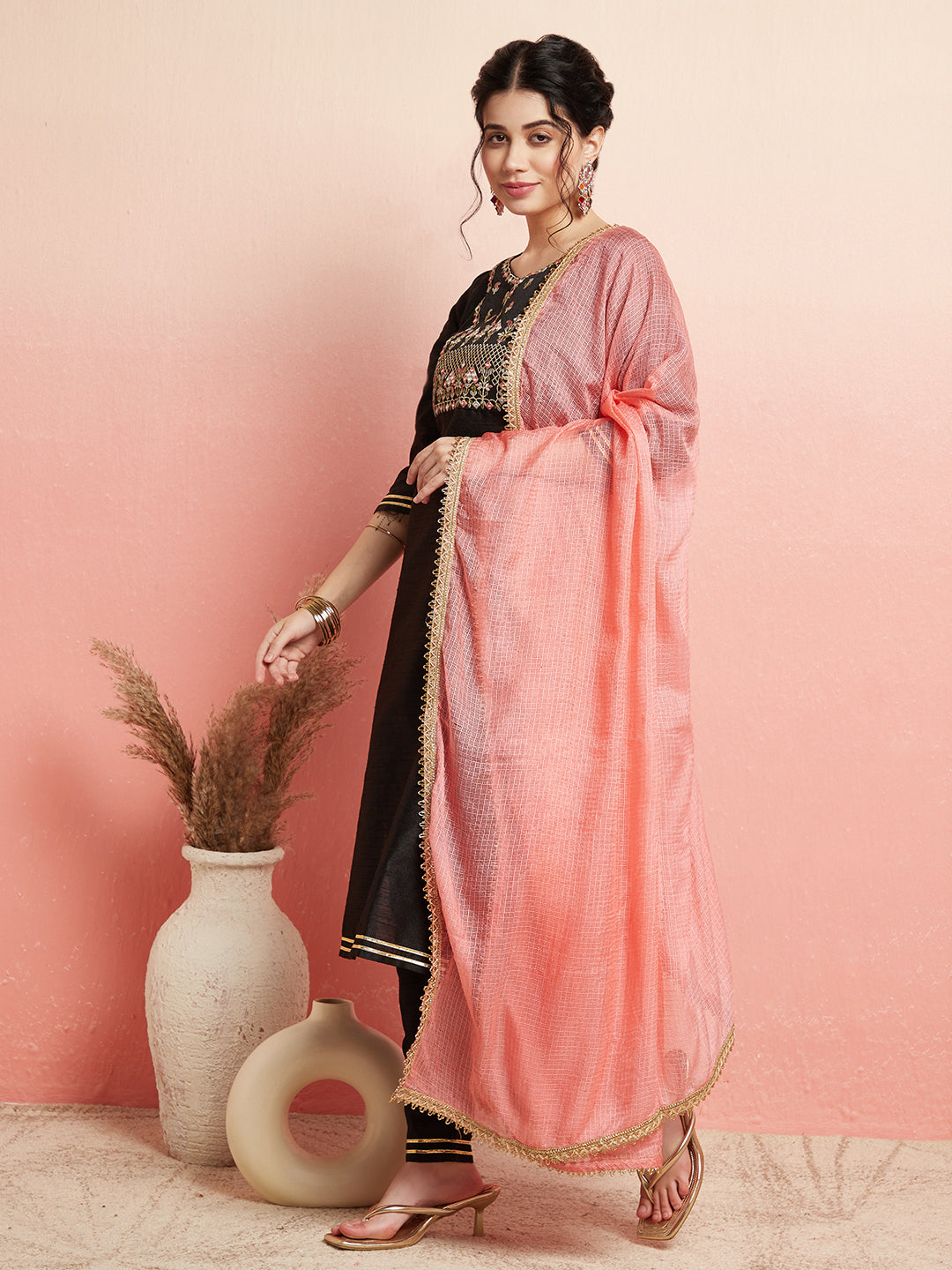 Black Embroidered Kurta Pant With Dupatta - Elganza