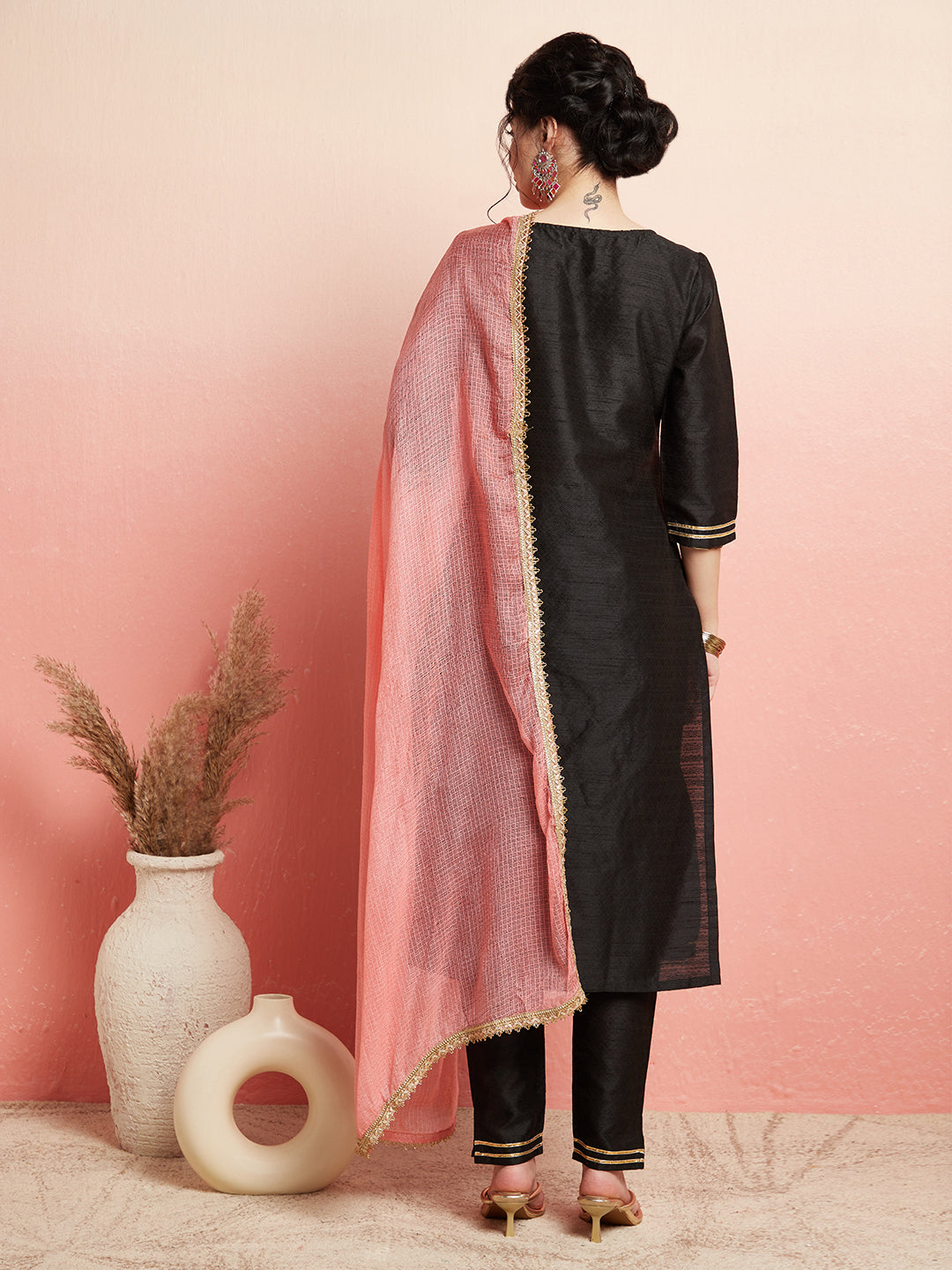 Black Embroidered Kurta Pant With Dupatta - Elganza